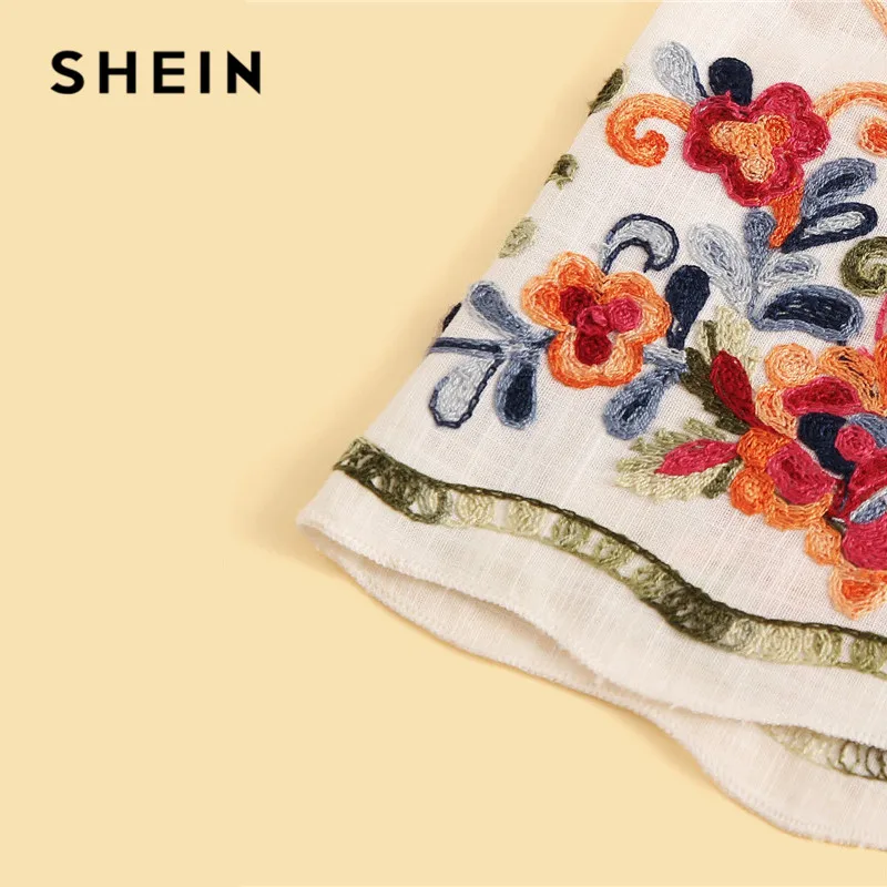 SHEIN белая блузка с цветочной вышивкой, Женские топы и блузки, Boho, хлопковая блуза с круглым вырезом и коротким рукавом,, женские топы