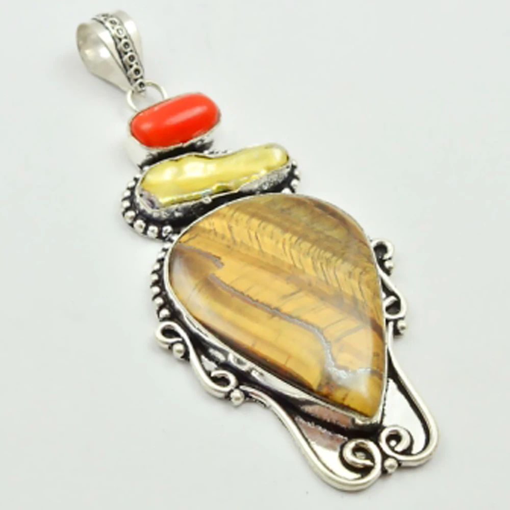 

Tiger Eye & Coral Pendant Silver Overlay over Copper , 80 mm, P3153