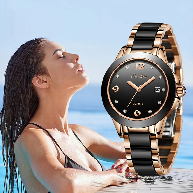 

SUNKTA Quartz Women Watches Ceramics Stainless Steel Watches Women Top Luxury Brand Ladies Boutique Bracelet Watch Reloj De Dama