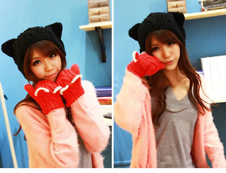 Кот уха помпоном Лыжная Шапочка Череп Кепки шляпа Женская мода трикотажные