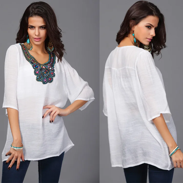 7 цветов модная Женская Длинная блузка с бисером большие размеры женская