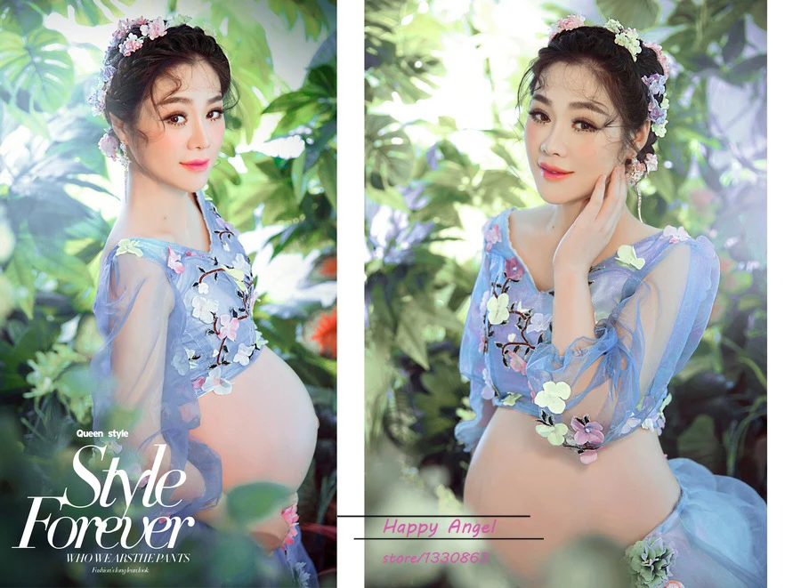 Maternity Photography Props Long Lace Colorful Flower Magic Fairy Romantic Cute Dress Pregnant Fancy Photo Shoot free shipping