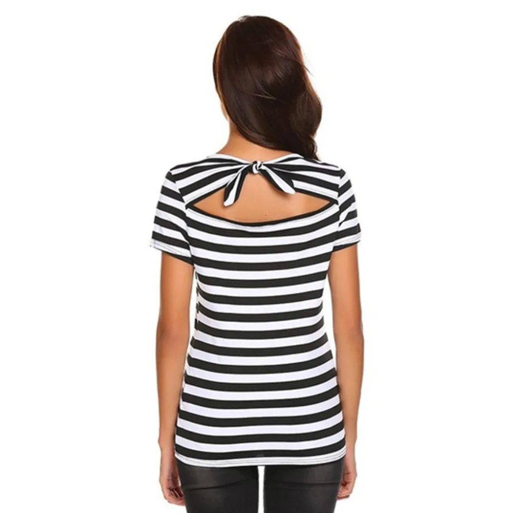 Ladies Blouse Women Short Sleeve Print Striped Loose Shirt Casual 3XL Size Lady Blouses O-Neck Hollow Basic Tops Blusas L*5 |