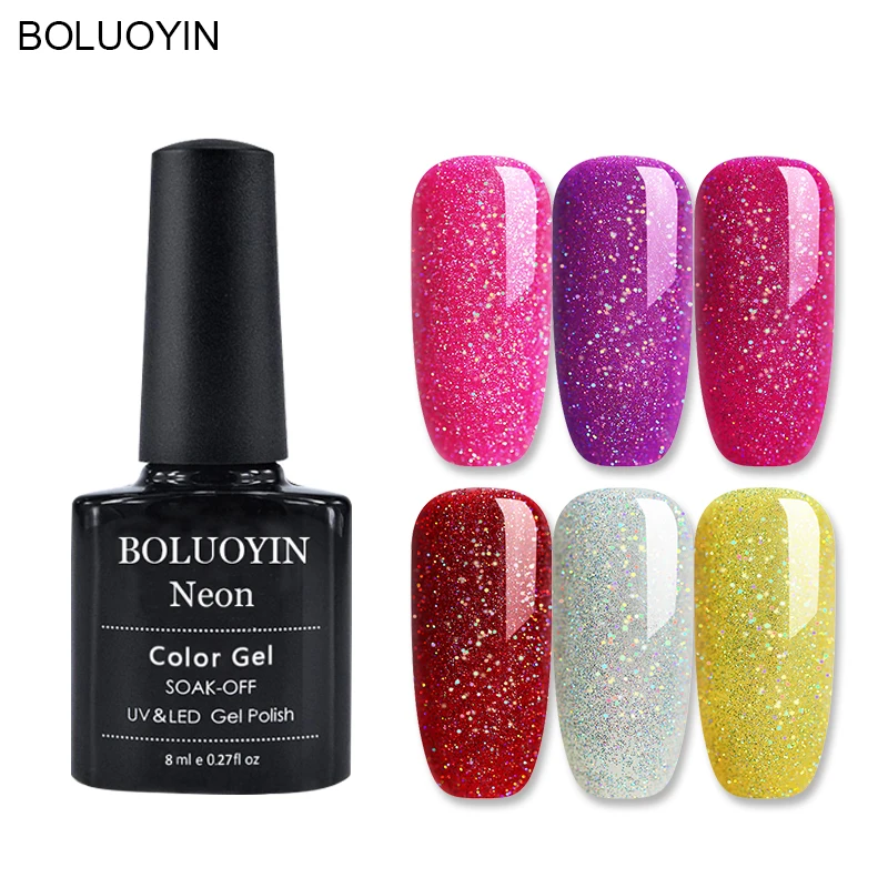 BOLUOYIN Rainbow Holographic Gel Nail Polish 8ml Shimmer Neon Glitter UV Varnish Semi Permanent Soak Off Lacquer | Красота и здоровье