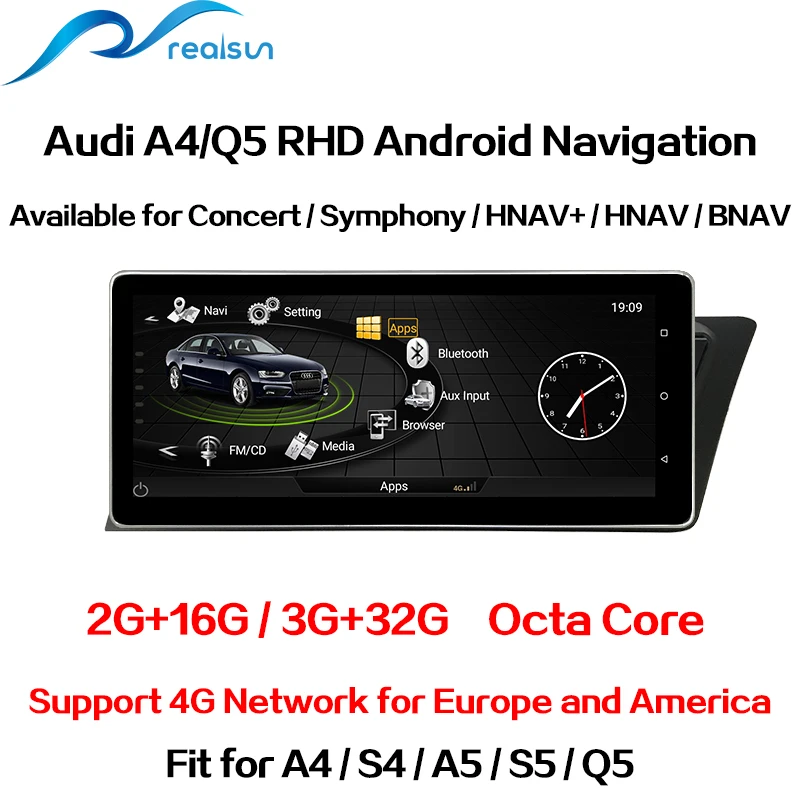 Realsun 10,25 дюймов Audi RHD A4 B8 A5 S4 S5 Q5 концертный MMI 3g ram 32G rom Восьмиядерный Android 7,0 4G сетевая Автомагнитола
