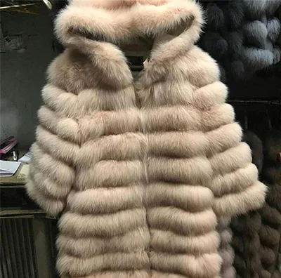 as photo Натуральное женское меховое пальто с меховым капюшоном, натуральный Лисий мех, Женская куртка, 90 см, длинное зимнее плотное пальто - Цвет: as photo