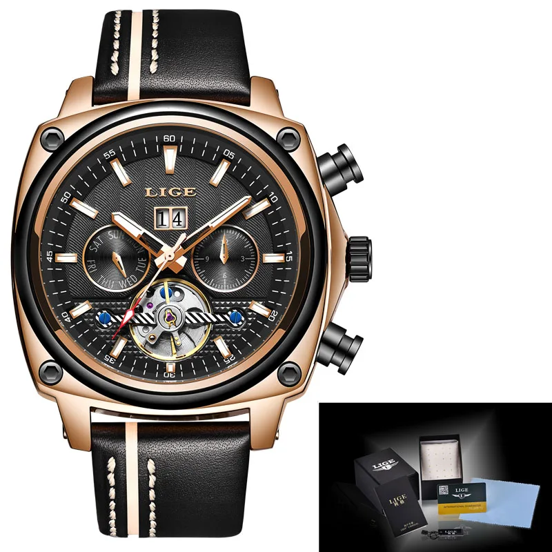 Rose gold black LIGE Новые флагманские мужские часы механические часы мужские с большим циферблатом Бизнес водонепроницаемые спортивные часы Relogio Masculino+ коробка - Цвет: Rose gold black