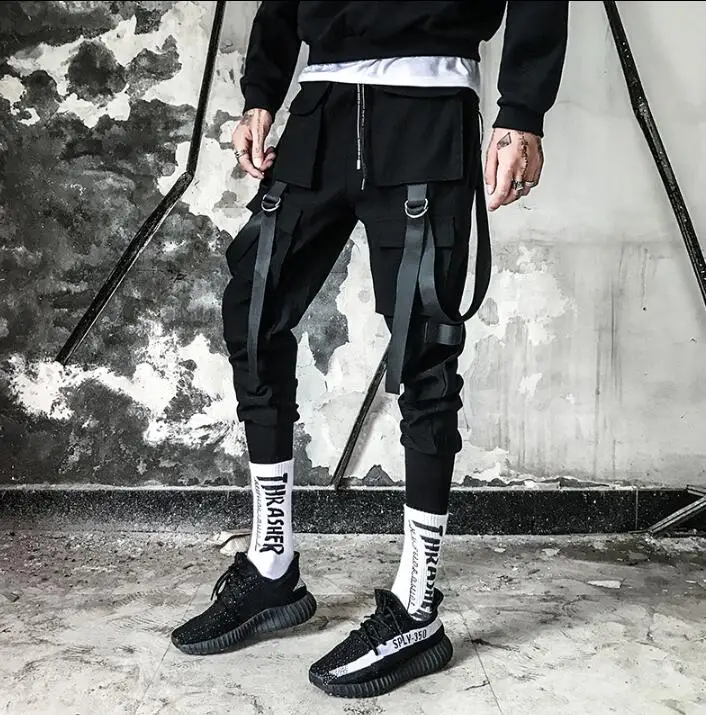 Iron rings and more pockets personality ribbon trousers mens pants harem pant mens feet trousers fashion street novelty black
