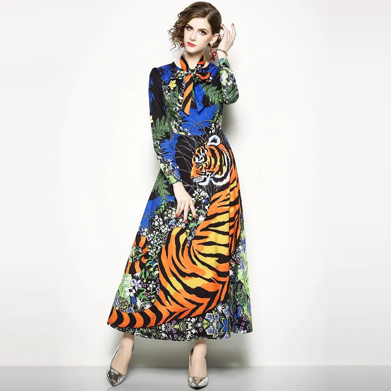 2018 Summer Women O Neck With Bow Tie Dress Vintage Long Sleeve Tiger Printing Dresses Vestidos de festa Female Brand Clothing | Женская