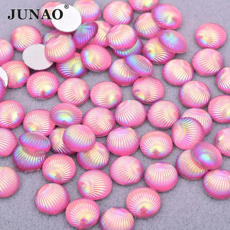 JUNAO, 200 шт, 10 мм, розовые, AB, круглые, в виде ракушки, стразы с плоской задней стороной, украшение из смолы, Кристальные камни, не исправляемые стразы, сделай сам, скрапбукинги - Цвет: Pink AB