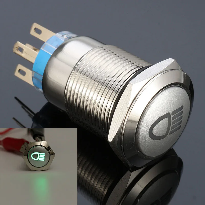

1pcs 12V 19mm 5Pin Green LED Metal Push Button Latching Switch For Car Fog Light