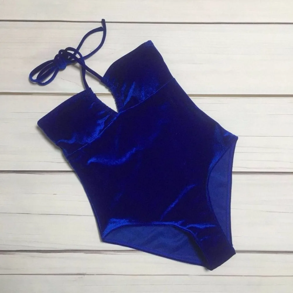 Новый 2018 Элегантный женский цельный сплошной синий купальник бархатный