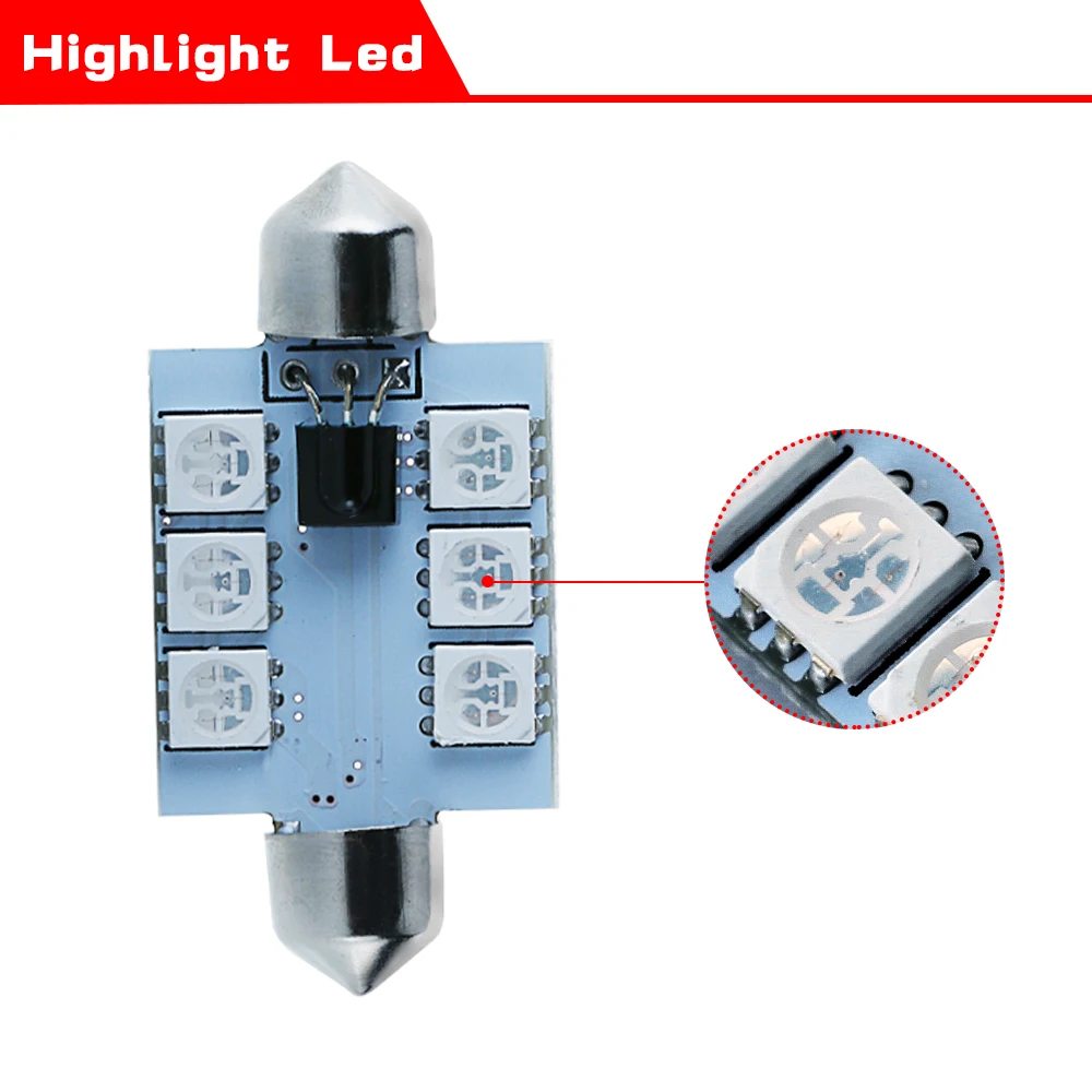 2 шт. автомобильные Внутренние светодиодные лампы 5050 6SMD RGB C5W 39 мм с пультом