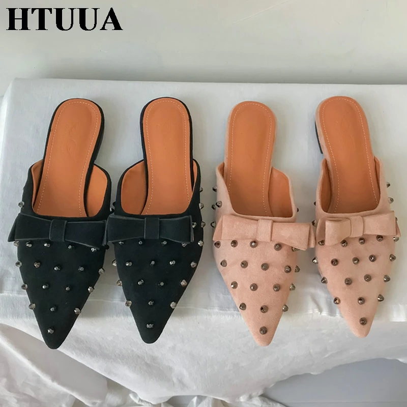 HTUUA/осенние модные женские шлепанцы из флока с заклепками и бантиком-бабочкой