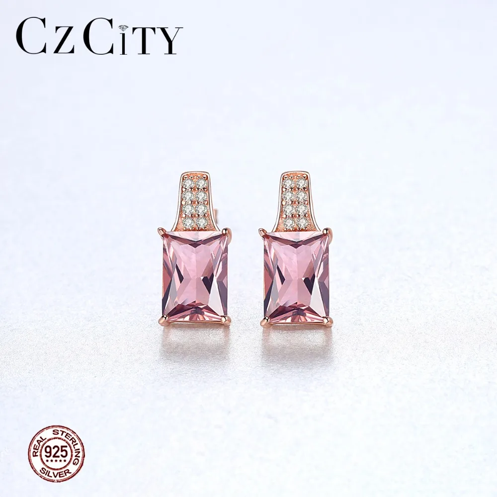 

CZCITY Design Cute 925 Silver Sterling Square Stud Earrings for Women Party Luxury Pink Gemstone Fashion Pendientes Jewelry Gift