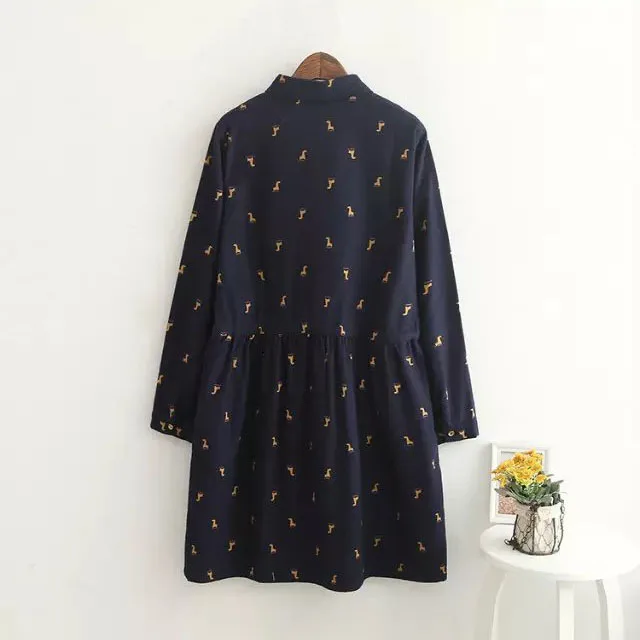 2016 весеннее Платье с принтом жирафа кавайное платье длинными рукавами и