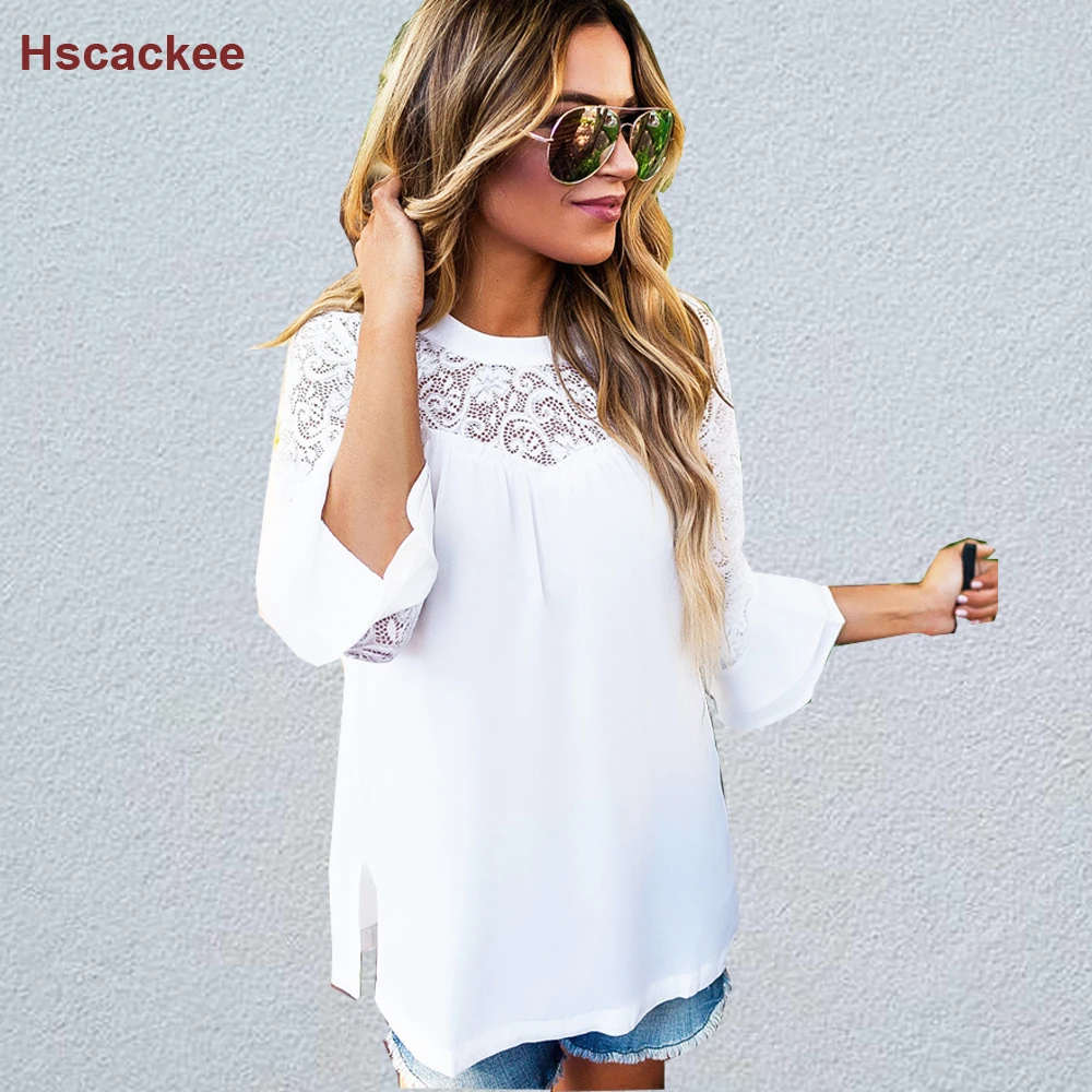Hscackee 2018 Кружева шифон рубашки женские топы и блузки с длинным рукавом Элегантная