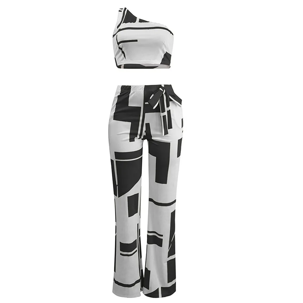 Tilapia slim new sexy girl club party sets one shoulder top long pants 2in1 fashion set sleeveless geometric women |