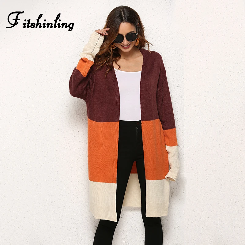 

Fitshinling Patchwork Female Cardigans Invierno Mujer Knitwear Fashion Slim Long Cardigan Women Clothing Vintage Sweater Jackets