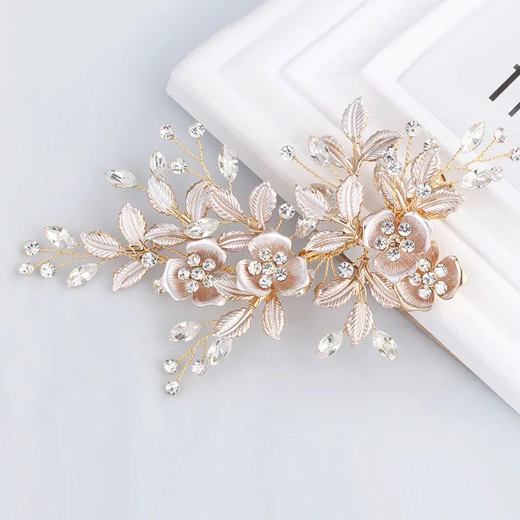 

SLBRIDAL Handmade Golden Austrian Crystals Rhinestones Flower Leaf Wedding Hair Clip Barrettes Bridal Headpiece Hair accessories