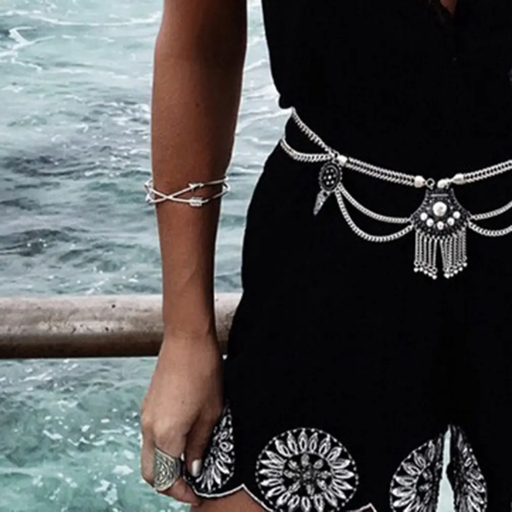 Женская цепь с кисточками в этническом стиле серебряными монетами|Украшения для