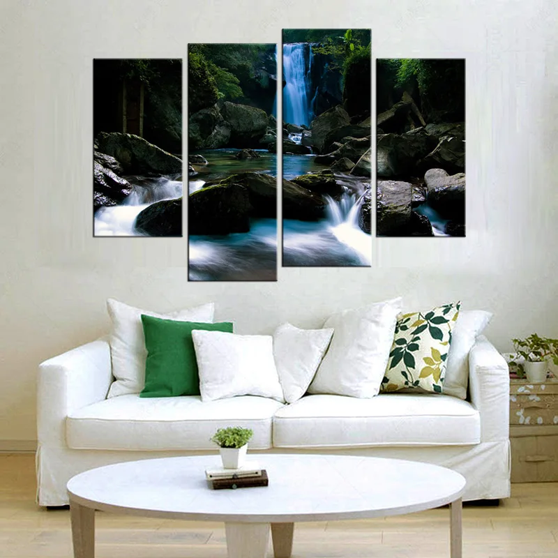 4 шт./компл. акварель зеленое дерево водопады коттедж холст печать постер