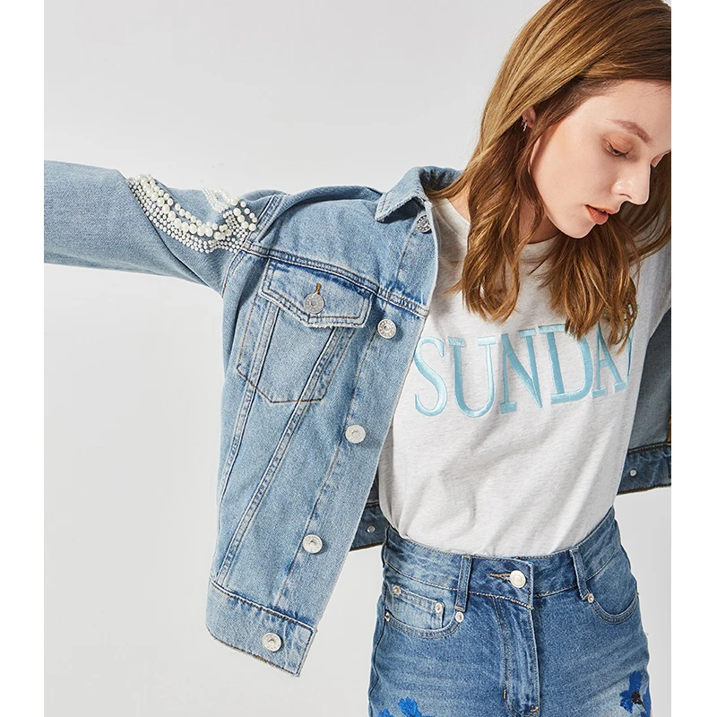 Джинсовая куртка с роскошной вышивкой и жемчугом женская уличная одежда