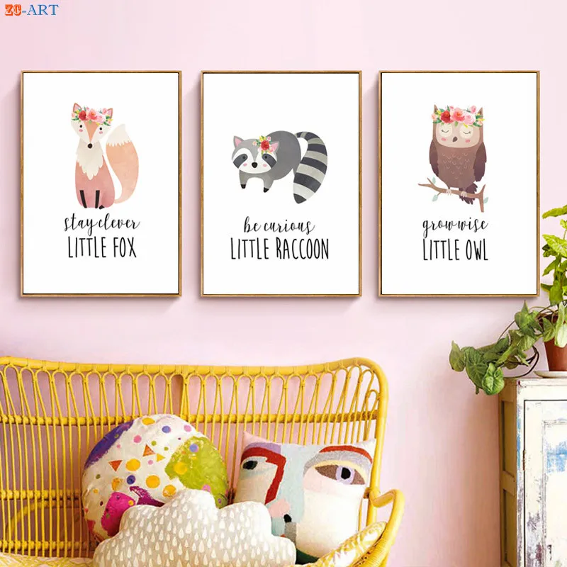 Woodland Animal Prints Flower Crown Girls Poster Cartoon Cute Canvas Painting Nursery Wall Art Baby Bedroom Decoration Pictures | Дом и сад