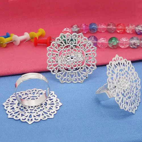 10pcs 30mm Silver Plated Copper Metal Round Flower Filigree Flat Pad Adjustable Ring Blank Base for DIY Jewelry