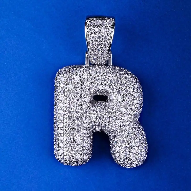 R Iced Out пользовательские Пузырьковые буквы кулон ожерелье пузырь начальные буквы слова Белое золото кулон в стиле хип-хоп Ожерелье для мужчин и женщин - Окраска металла: R