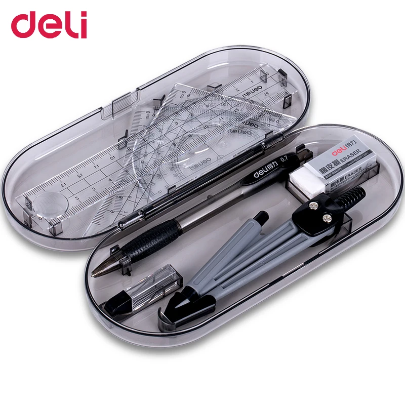 Deli 8PCS Ruler Set Triangle Measuring Rule Compasses Drawing Test Teaching Ruler Compasses Triangular Plate for School Students