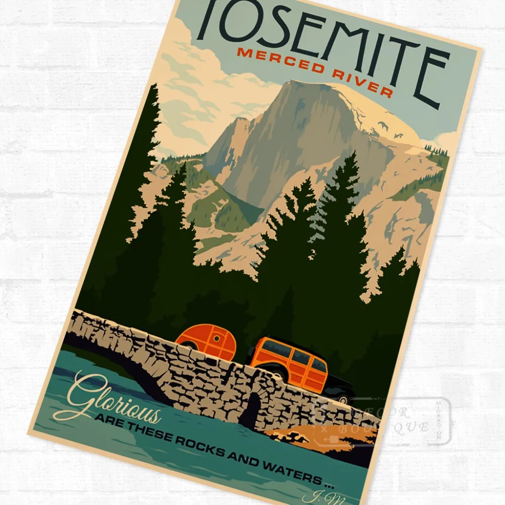Поп-арт Yosemite Merced река Винтаж Ретро Путешествия крафт-плакат декоративный DIY настенный холст наклейка домашний бар Плакат Украшение Gi