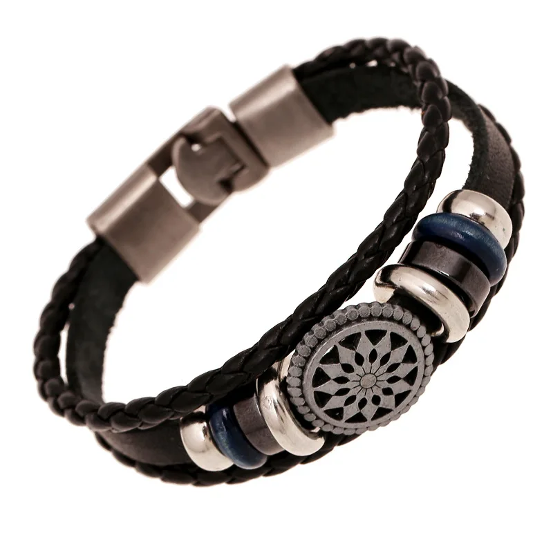 LUKENI Vintage Engraved Genuine Leather Bracelet Homme Handmade Loom Bands Paracord Bracelets &amp Bangles Women Men Jewelry SL007 |