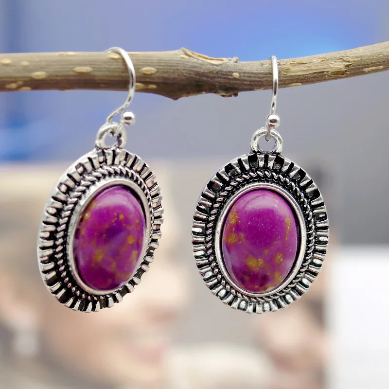 E094-Amethyst Винтажные серебряные серьги в форме капель воды Фиолетовый Кристалл Камень массивные серьги натуральные аметисты Висячие серьги для женщин Бохо индийские ювелирные изделия - Окраска металла: E094-Amethyst