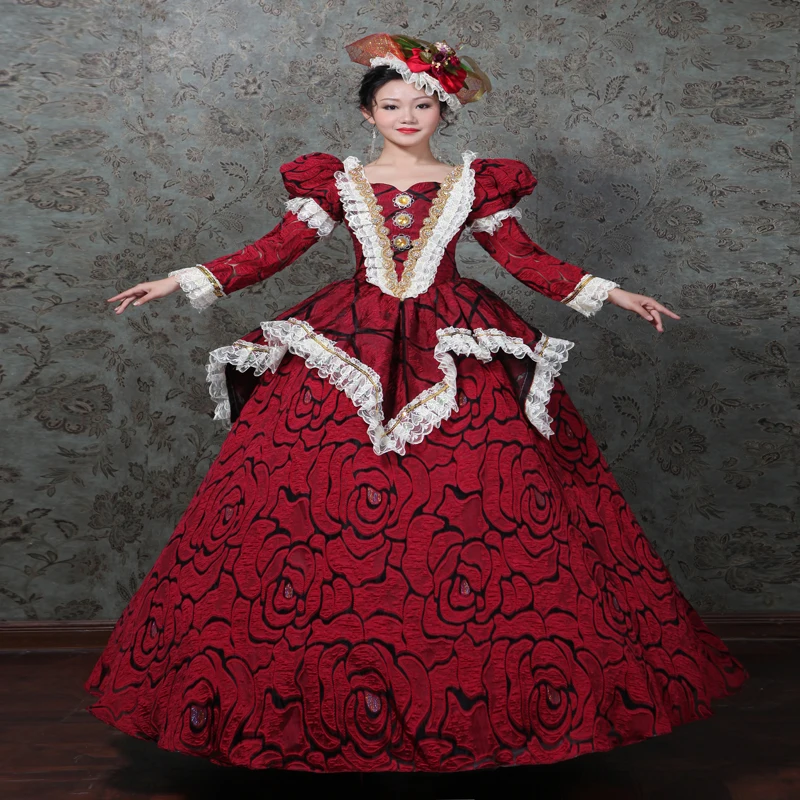 

Red Princess Renaissance Velvet Floral Brocade Ball Gown Dress Reenactment Halloween Costume