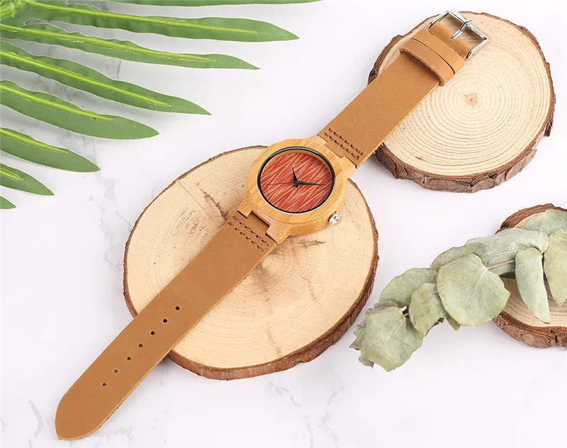 

YISUYA Light Red Dial Wooden Watch Women Sport Bamboo Quartz Wrist Watches Casual Genuine Leather Band Strap Brown Watch Clock