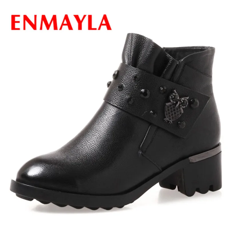 

ENMAYLA Ankle Boots for Women New Square Heel Genuine Leather Rivet Shoes Zip Round Toe Black Grey Cow Leather Winter Boots
