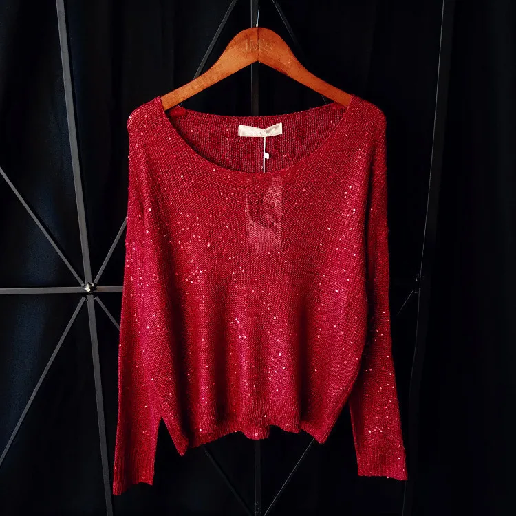Cakucool Sequined Knit Tops Women Long Sleeve Jumpers Beading Big O-neck Casual Loose Embellish Girls Sweaters Green 14colors | Женская