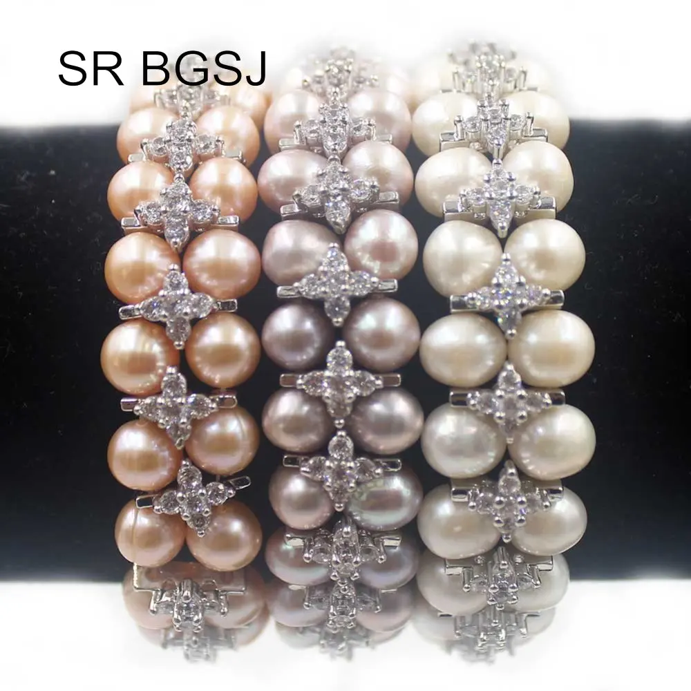Free Shipping 7-8mm Nearly Round Freshwater Pearl Handmade Girl 2-Strand Stretch Adjustable Bracelet 7&quot | Украшения и