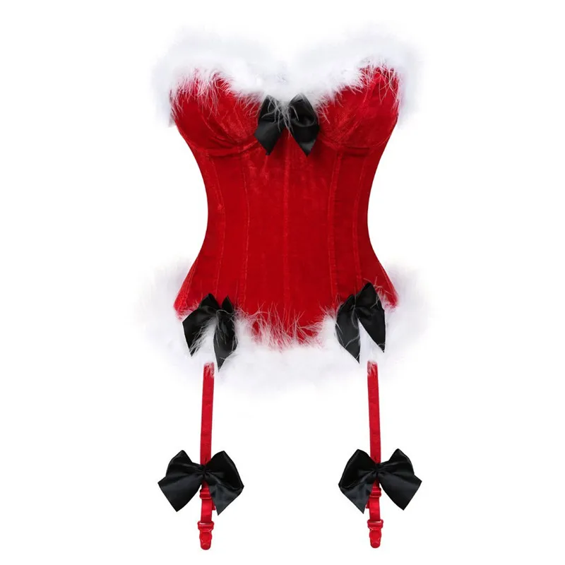 

Caudatus Christmas Feathers Corsets For Women Miss Santa Bustier Corselet Overbust Corset Lingerie Halloween Costume Cosplay