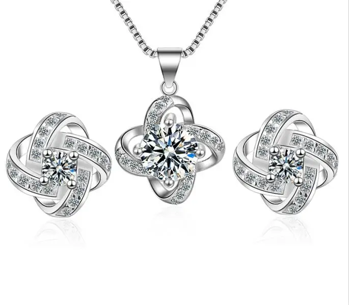 Bijoux(украшения своими руками) наборы свадебных ювелирных изделий 925 пробы серебро длинное крупное Клевер колье циркония серьги для Для женщин подарок - Окраска металла: 1set