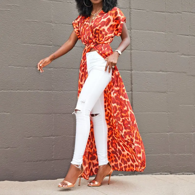 Леопардовая сексуальная Длинная блузка для женщин 2019 пляжные Топы Boho стильный