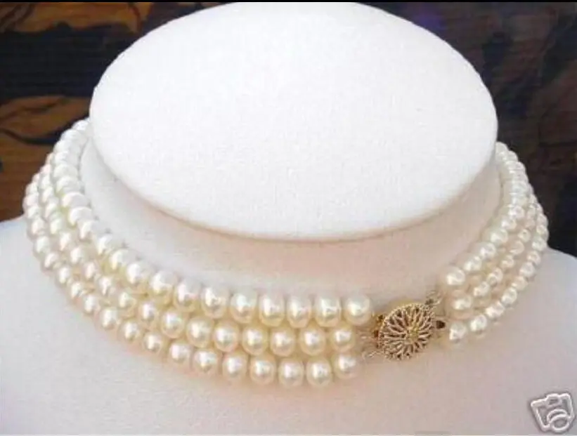 

Real charming south set 3 Strand 8-9MM natural White Pearl Choker Necklace c