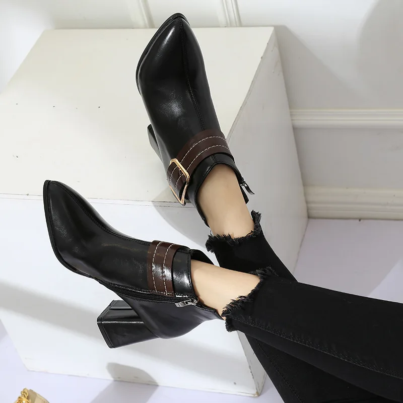 

Platform Heels Women Ankle Boots Soft Leather Thick High Heel Platform Boots Autumn Boots Black White Red Belt Shoes Size 35-39