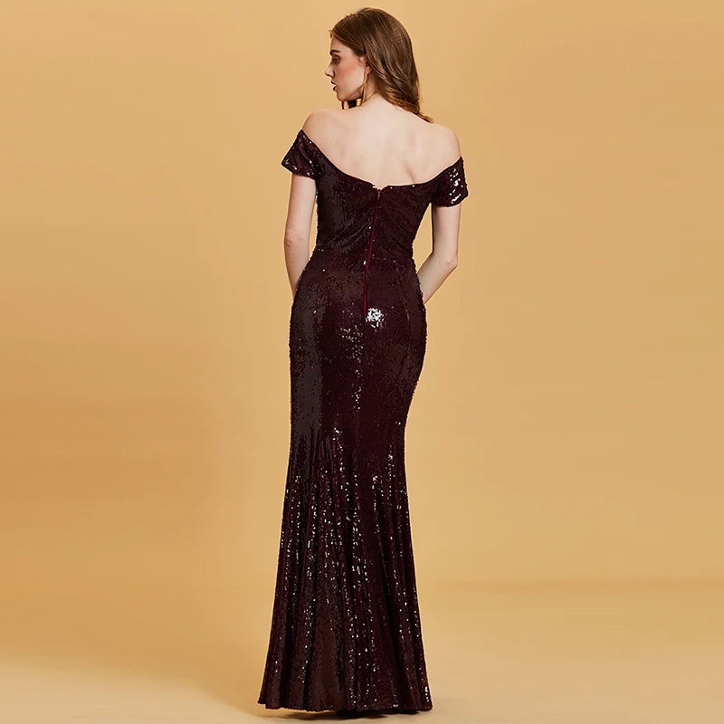Женское вечернее платье Tanpell бордовое с открытыми плечами блестками в пол