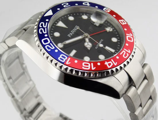 Часы Parnis 40 мм GMT с красной и синей рамкой сапфировым датчиком автоматический