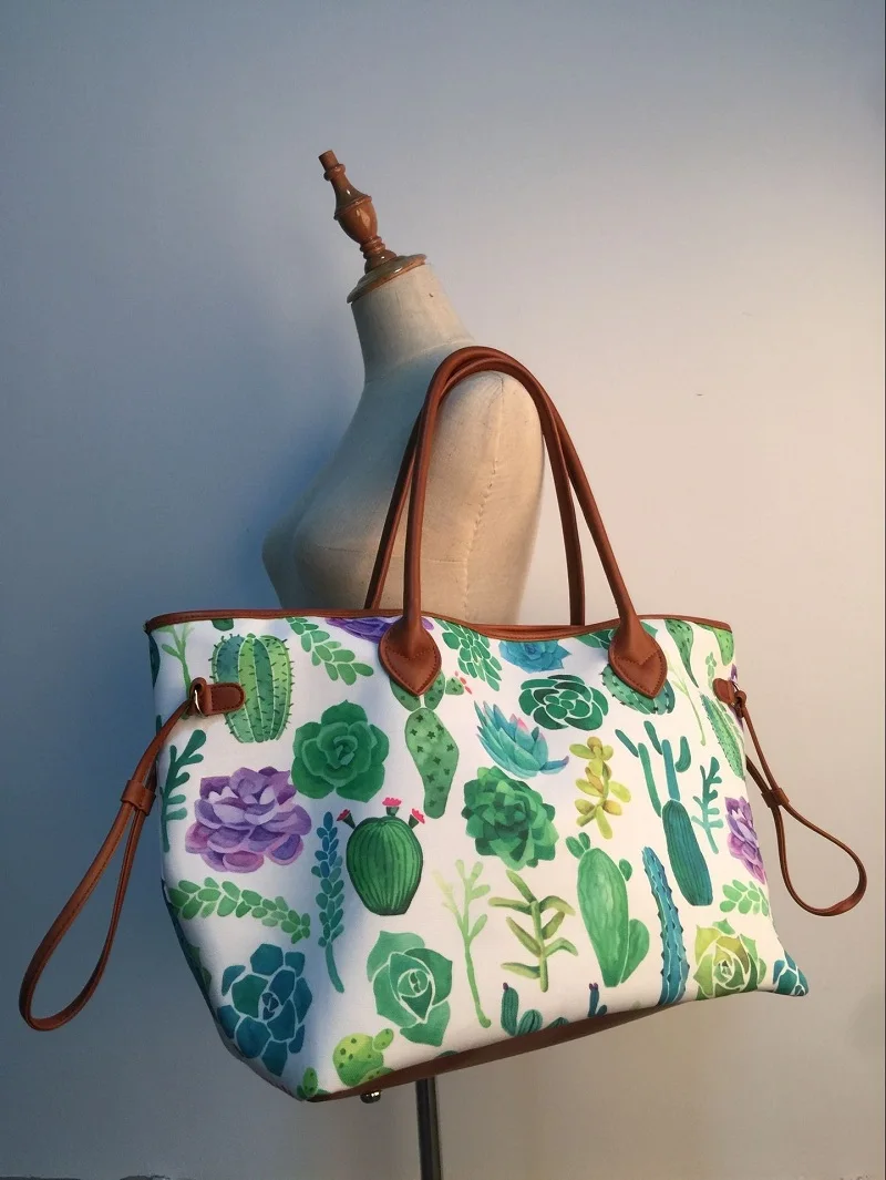 Summer Cactus Styles Canvas Tote With Green Flora Red and Purple Colored Catus Designs Women Handbag with Pu handle DOM109842 | Багаж и