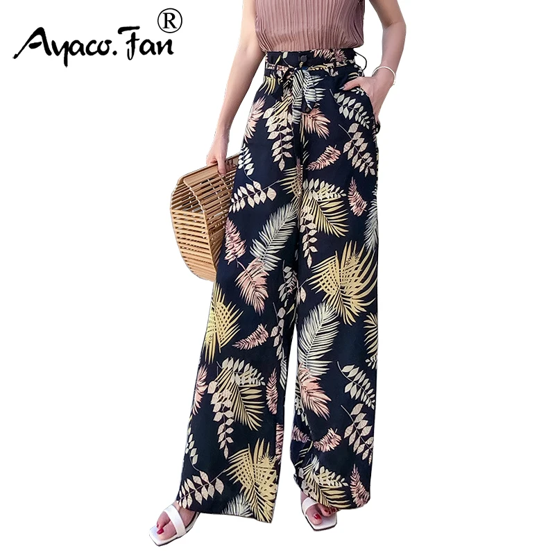 

Summer New Vintage Boho Wide Leg Pants 2021 High Waist Loose Floral Print Long Women Trousers Casual Lady Holiday Beach Pants