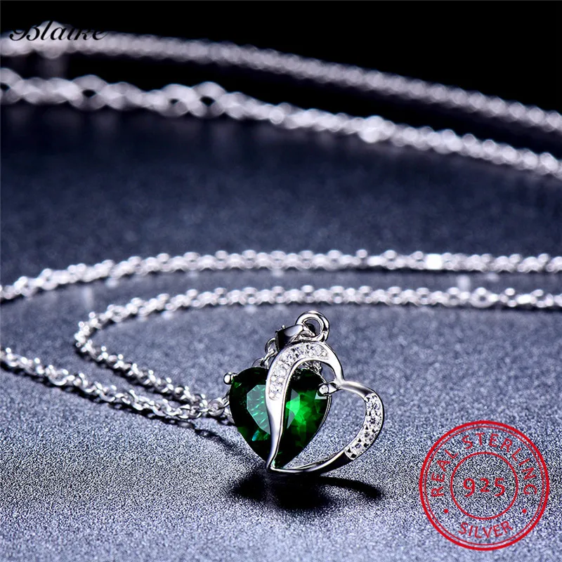 Female Austrian Crystal Heart Pendant Necklaces For Women 925 Sterling Silver Necklace Aquamarine Blue Green Stone Bride Jewelry | Украшения