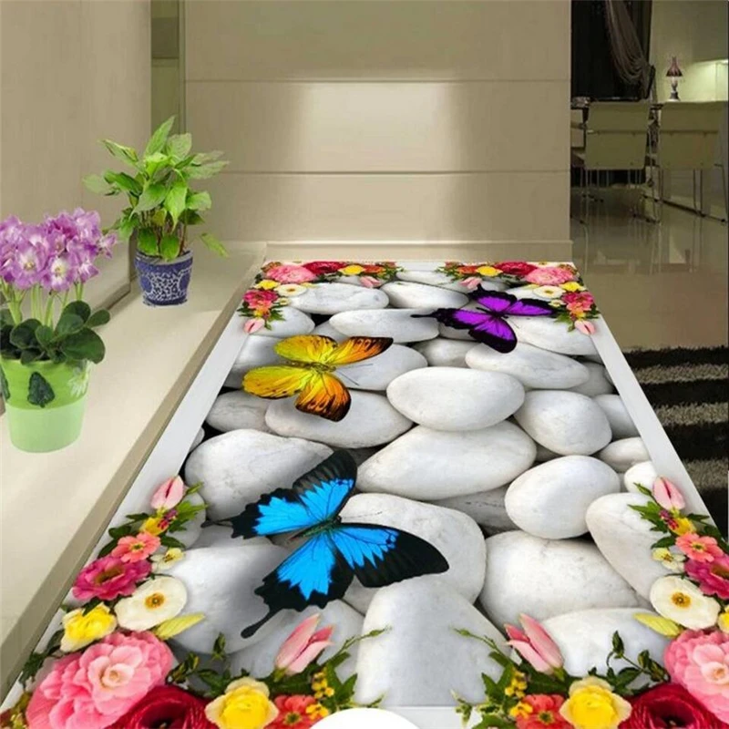Wellyu 3D розы бабочка галька пол на заказ большой fresco ПВХ водонепроницаемый толстый